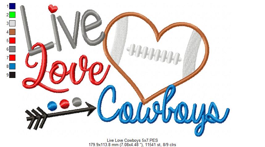 Football Live Love Cowboys - Applique