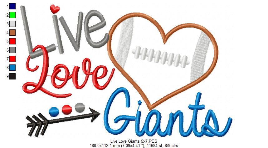 Football Live Love Giants - Applique