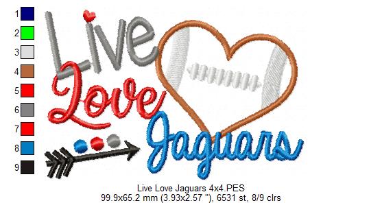 Live Love Jaguars Football Heart – Appliqué – Machine Embroidery Design
