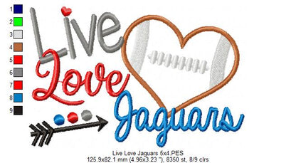 Live Love Jaguars Football Heart – Appliqué – Machine Embroidery Design