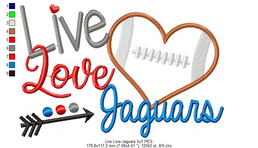 Live Love Jaguars Football Heart – Appliqué – Machine Embroidery Design