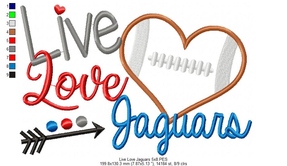 Live Love Jaguars Football Heart – Appliqué – Machine Embroidery Design