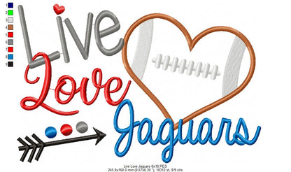 Live Love Jaguars Football Heart – Appliqué – Machine Embroidery Design