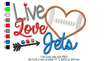 Go Jets Football Heart – Appliqué – Machine Embroidery Design