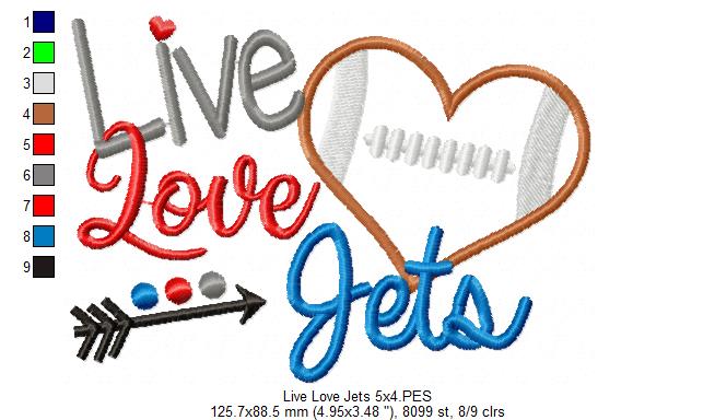 Go Jets Football Heart – Appliqué – Machine Embroidery Design