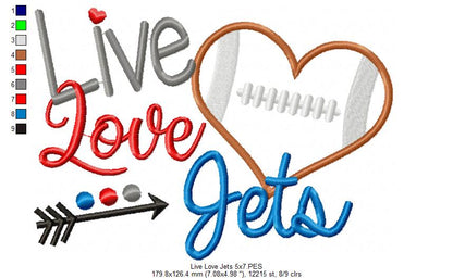 Go Jets Football Heart – Appliqué – Machine Embroidery Design