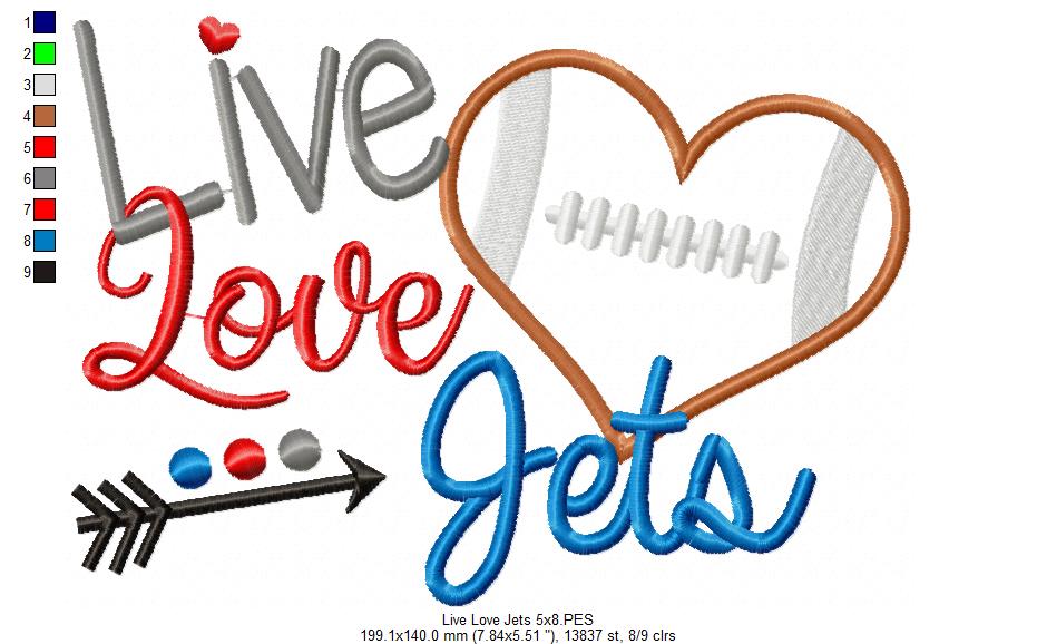 Go Jets Football Heart – Appliqué – Machine Embroidery Design