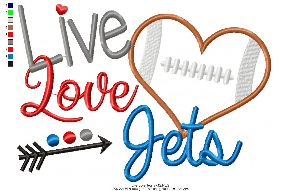 Go Jets Football Heart – Appliqué – Machine Embroidery Design