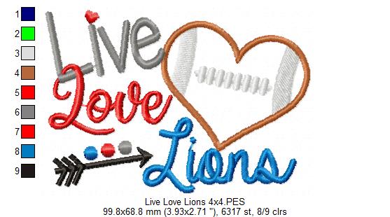 Live Love Lions Football Heart – Appliqué – Machine Embroidery Design