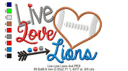 Live Love Lions Football Heart – Appliqué – Machine Embroidery Design