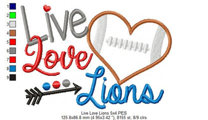 Live Love Lions Football Heart – Appliqué – Machine Embroidery Design