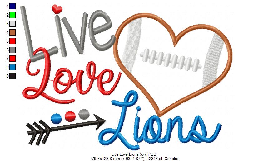 Live Love Lions Football Heart – Appliqué – Machine Embroidery Design