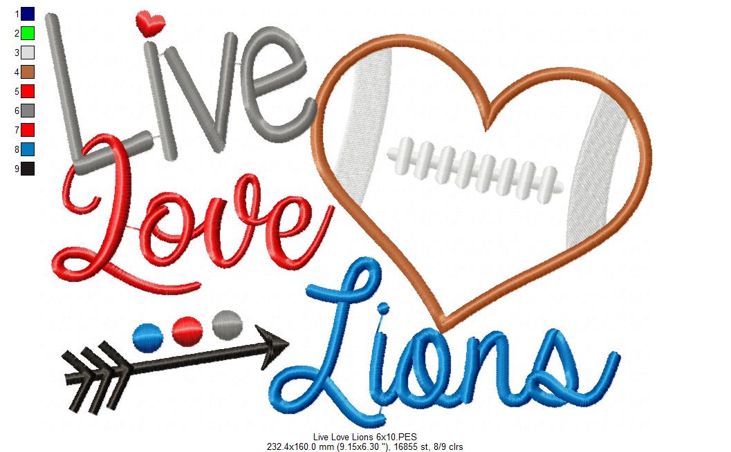 Live Love Lions Football Heart – Appliqué – Machine Embroidery Design
