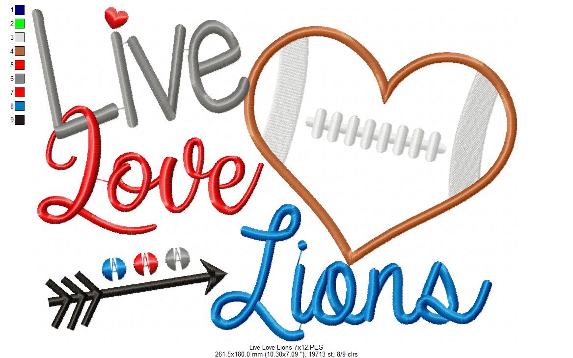 Live Love Lions Football Heart – Appliqué – Machine Embroidery Design
