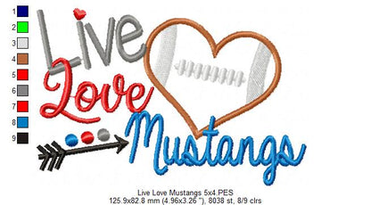 Live Love Mustangs - Appliqué - Machine Embroidery Design