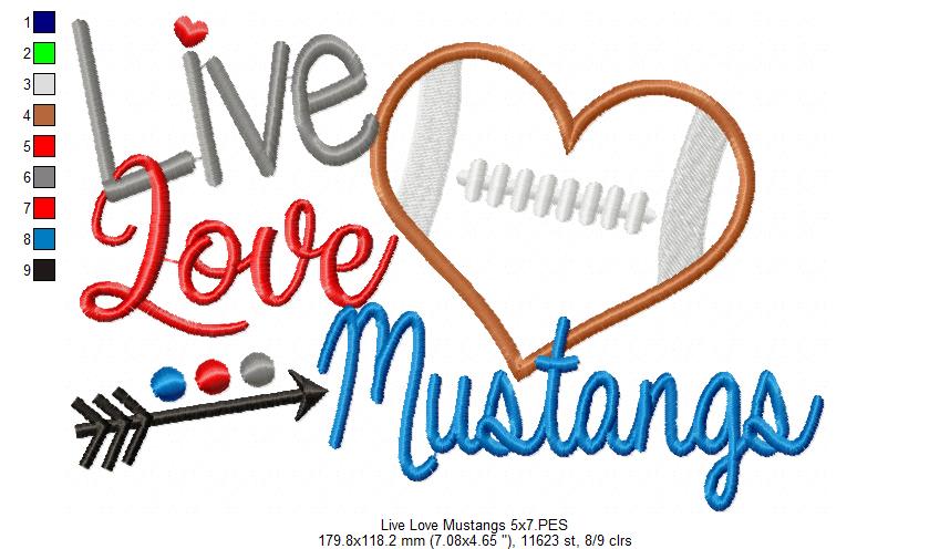 Live Love Mustangs - Appliqué - Machine Embroidery Design