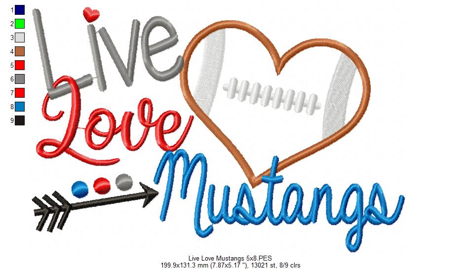 Live Love Mustangs - Appliqué - Machine Embroidery Design