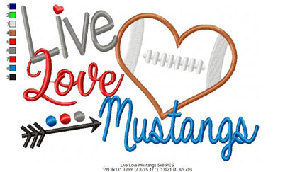 Live Love Mustangs - Appliqué - Machine Embroidery Design