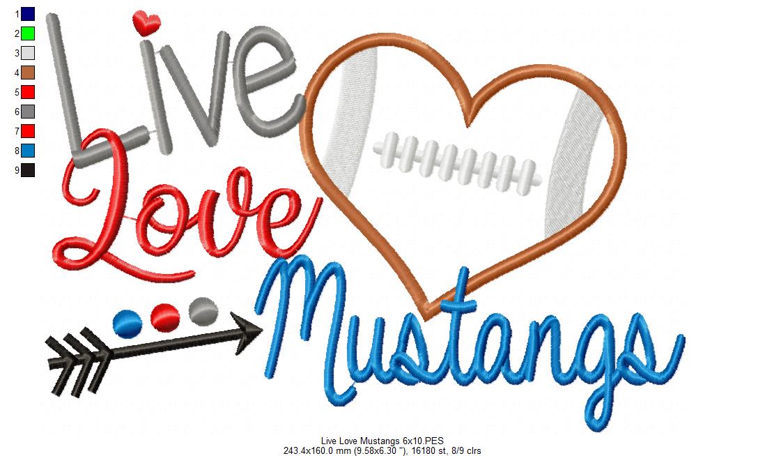 Live Love Mustangs - Appliqué - Machine Embroidery Design