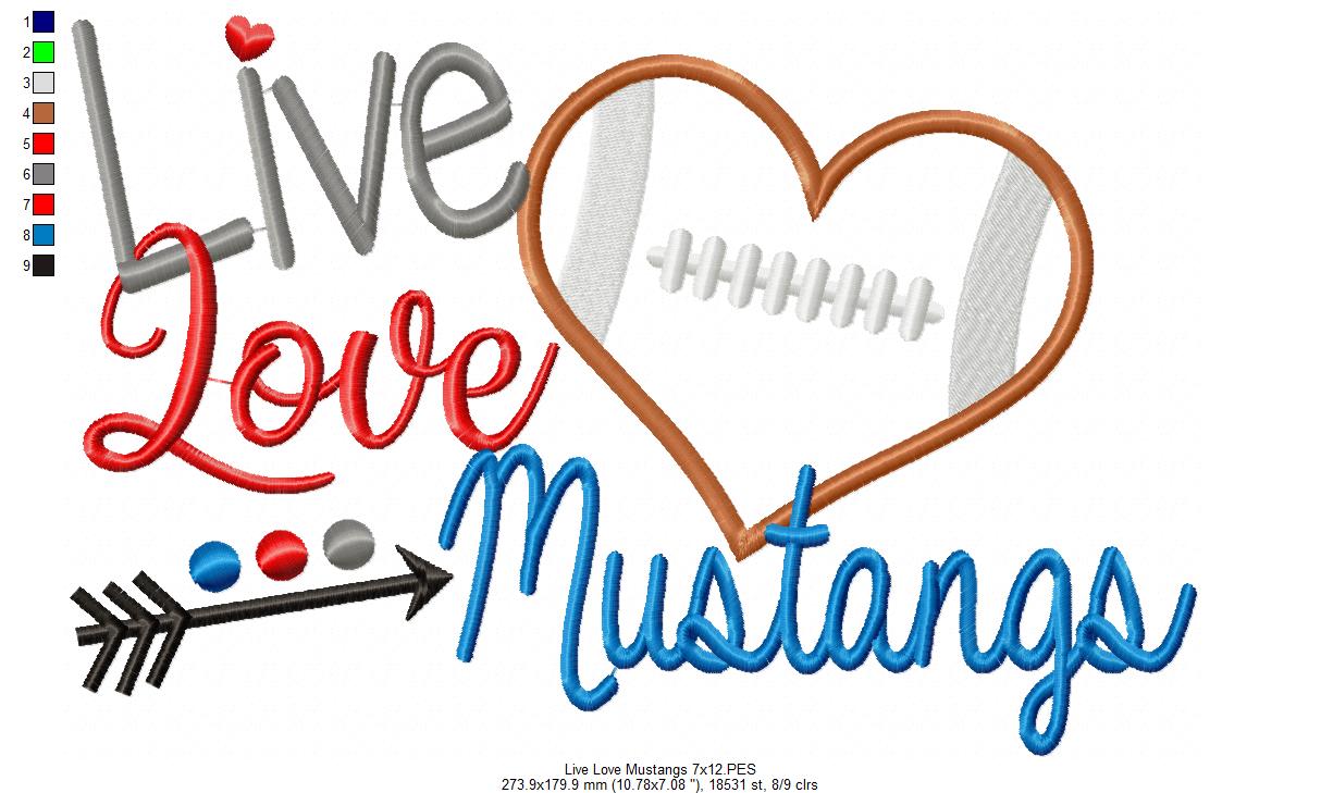 Live Love Mustangs - Appliqué - Machine Embroidery Design