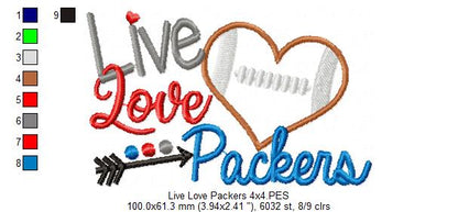 Live Love Packers Football Heart – Appliqué – Machine Embroidery Design