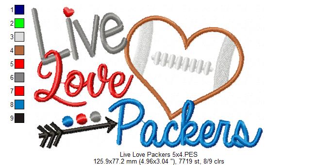 Live Love Packers Football Heart – Appliqué – Machine Embroidery Design