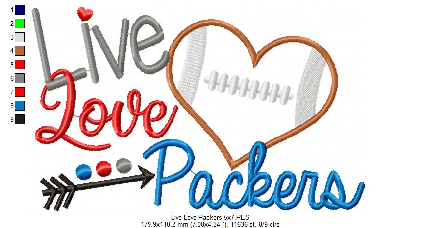 Live Love Packers Football Heart – Appliqué – Machine Embroidery Design