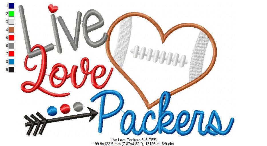 Live Love Packers Football Heart – Appliqué – Machine Embroidery Design