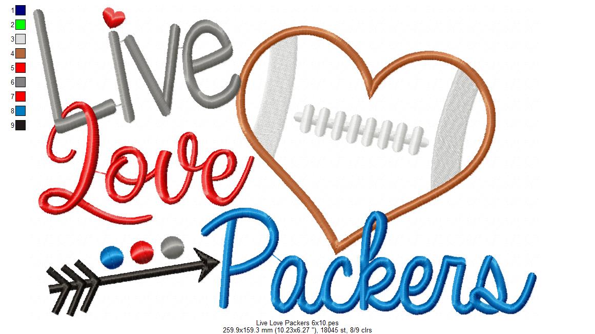 Live Love Packers Football Heart – Appliqué – Machine Embroidery Design