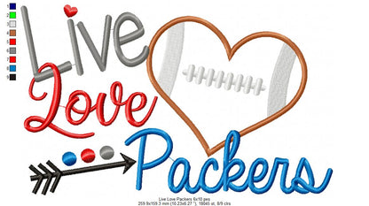 Live Love Packers Football Heart – Appliqué – Machine Embroidery Design