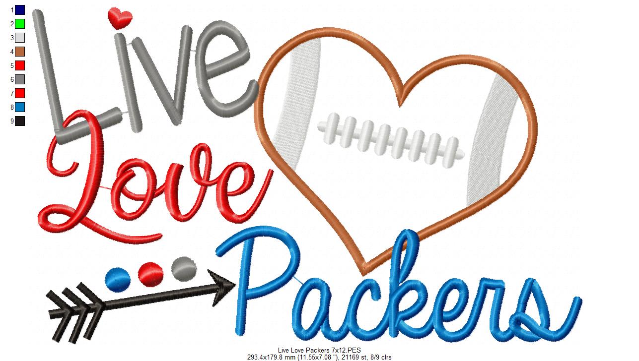 Live Love Packers Football Heart – Appliqué – Machine Embroidery Design