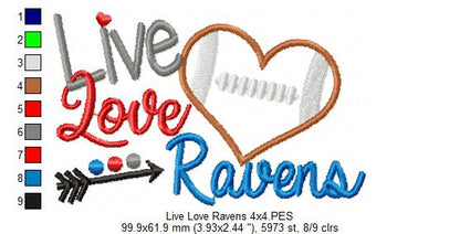 Live Love Ravens Football – Appliqué – Machine Embroidery Design