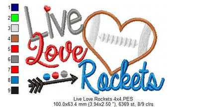 Live Love Rockets Football Heart - Appliqué - Machine Embroidery Design