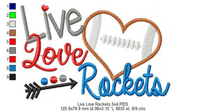 Live Love Rockets Football Heart - Appliqué - Machine Embroidery Design