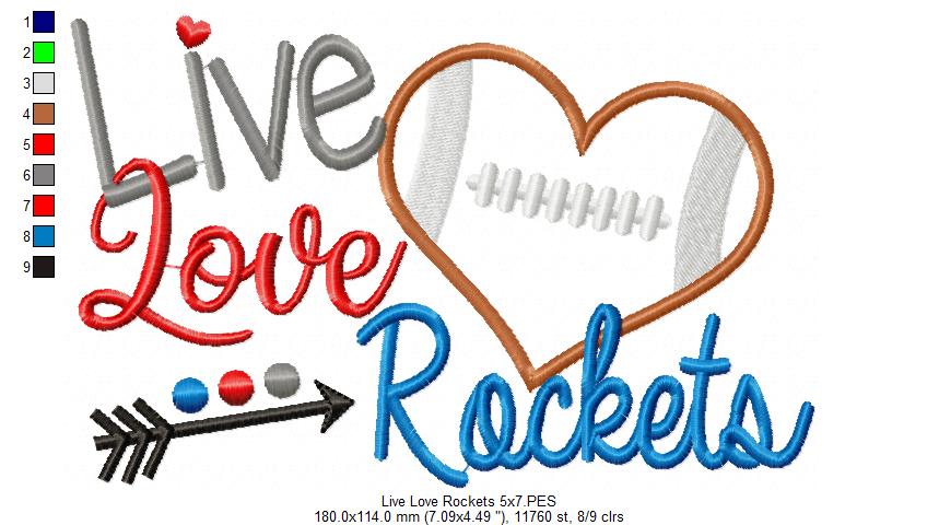 Live Love Rockets Football Heart - Appliqué - Machine Embroidery Design