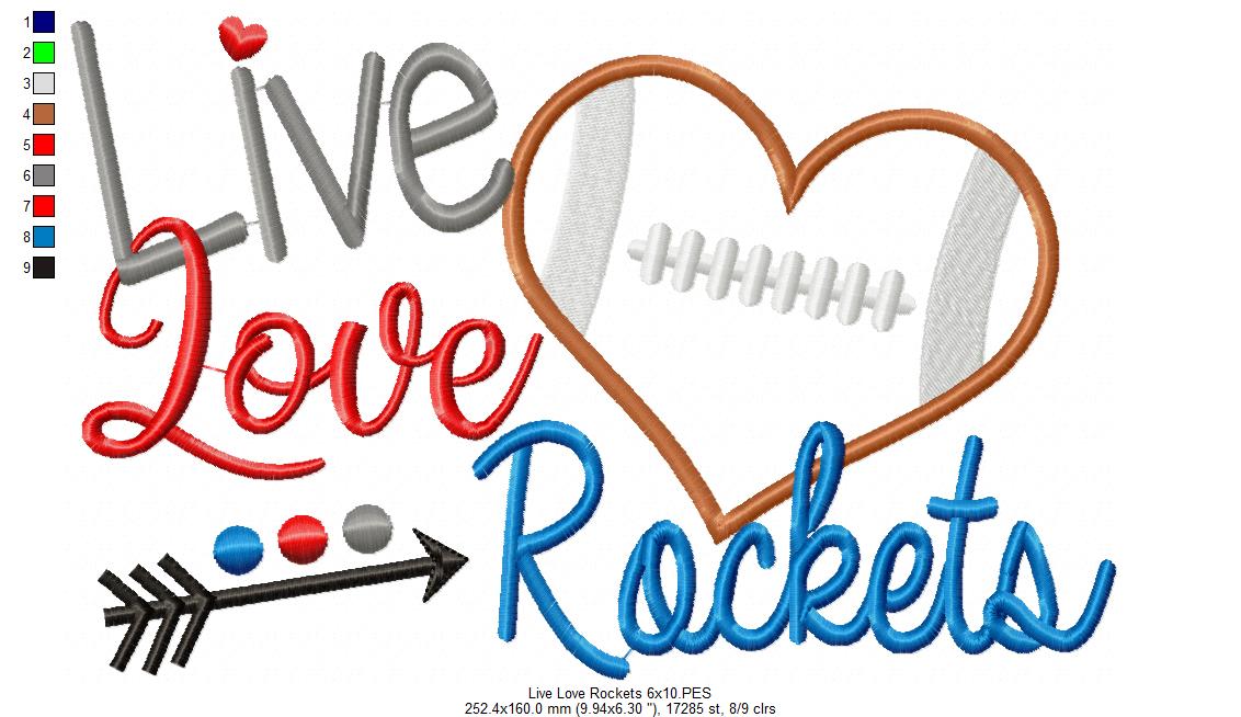 Live Love Rockets Football Heart - Appliqué - Machine Embroidery Design
