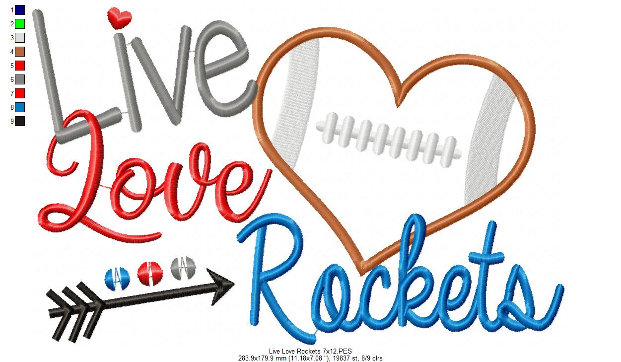 Live Love Rockets Football Heart - Appliqué - Machine Embroidery Design