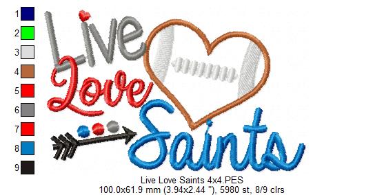 Live Love Saints Football Heart – Appliqué – Machine Embroidery Design