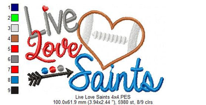 Live Love Saints Football Heart – Appliqué – Machine Embroidery Design