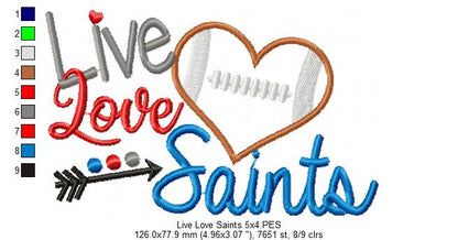 Live Love Saints Football Heart – Appliqué – Machine Embroidery Design