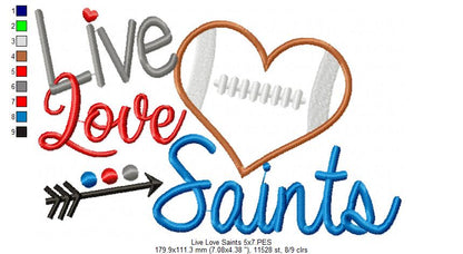 Live Love Saints Football Heart – Appliqué – Machine Embroidery Design