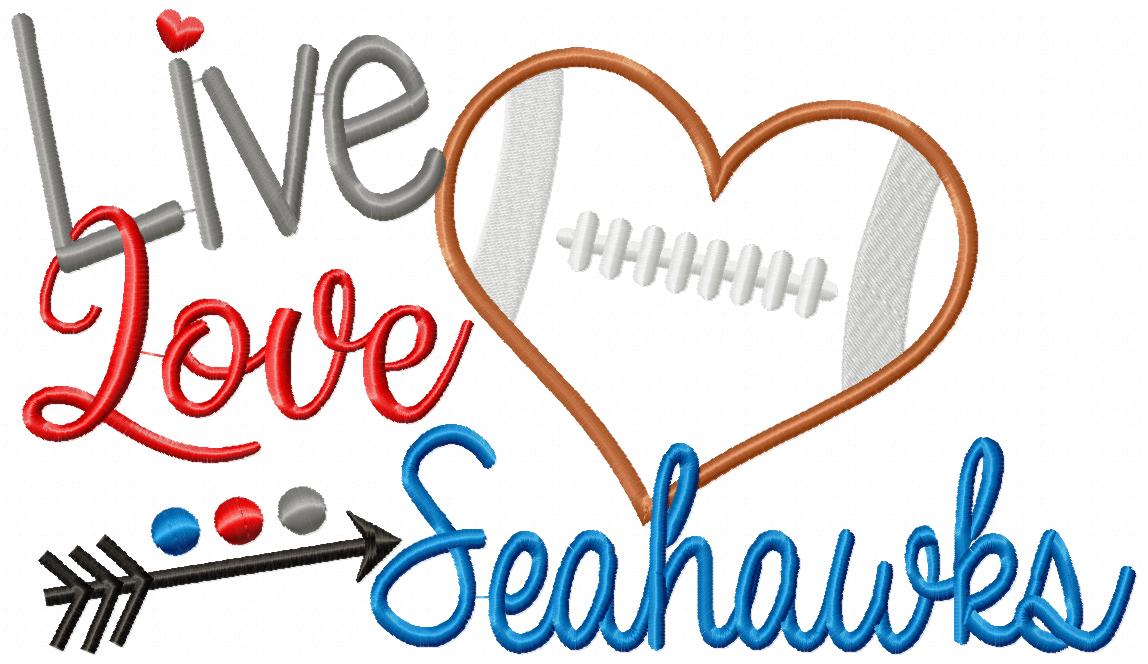 Live Love Seahawks Football Heart – Appliqué Satin Stitch – Machine Embroidery Design