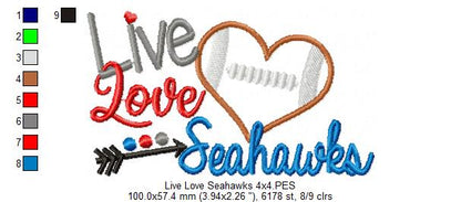 Live Love Seahawks Football Heart – Appliqué Satin Stitch – Machine Embroidery Design