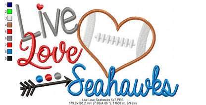 Live Love Seahawks Football Heart – Appliqué Satin Stitch – Machine Embroidery Design