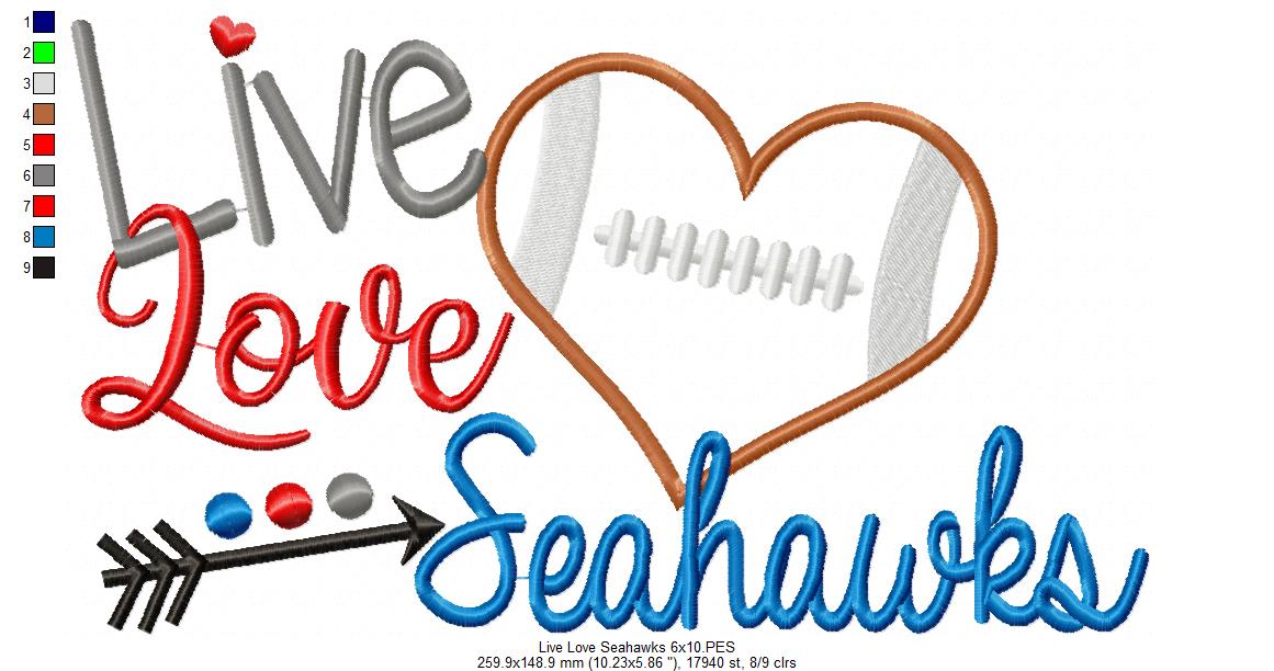 Live Love Seahawks Football Heart – Appliqué Satin Stitch – Machine Embroidery Design