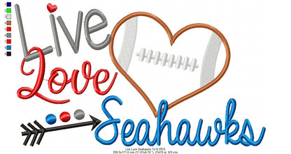 Live Love Seahawks Football Heart – Appliqué Satin Stitch – Machine Embroidery Design