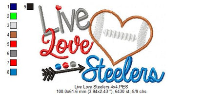 Football Live Love Steelers - Applique - Machine Embroidery Design