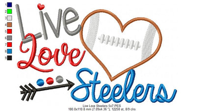 Football Live Love Steelers - Applique - Machine Embroidery Design