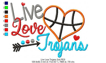 Live Love Trojans Basketball Heart - Appliqué - Machine Embroidery Design