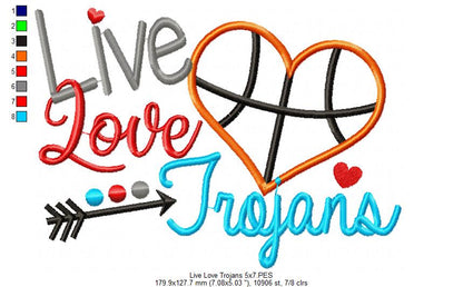 Live Love Trojans Basketball Heart - Appliqué - Machine Embroidery Design